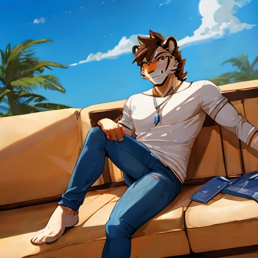 Tigre, musculoso, Skinny jeans, de espaldas, gran trasero, manos la cintura, ojos azules, sin playera,