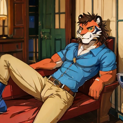 Tigre, musculoso, Skinny jeans, de espaldas, gran trasero, manos la cintura, ojos azules, sin playera,