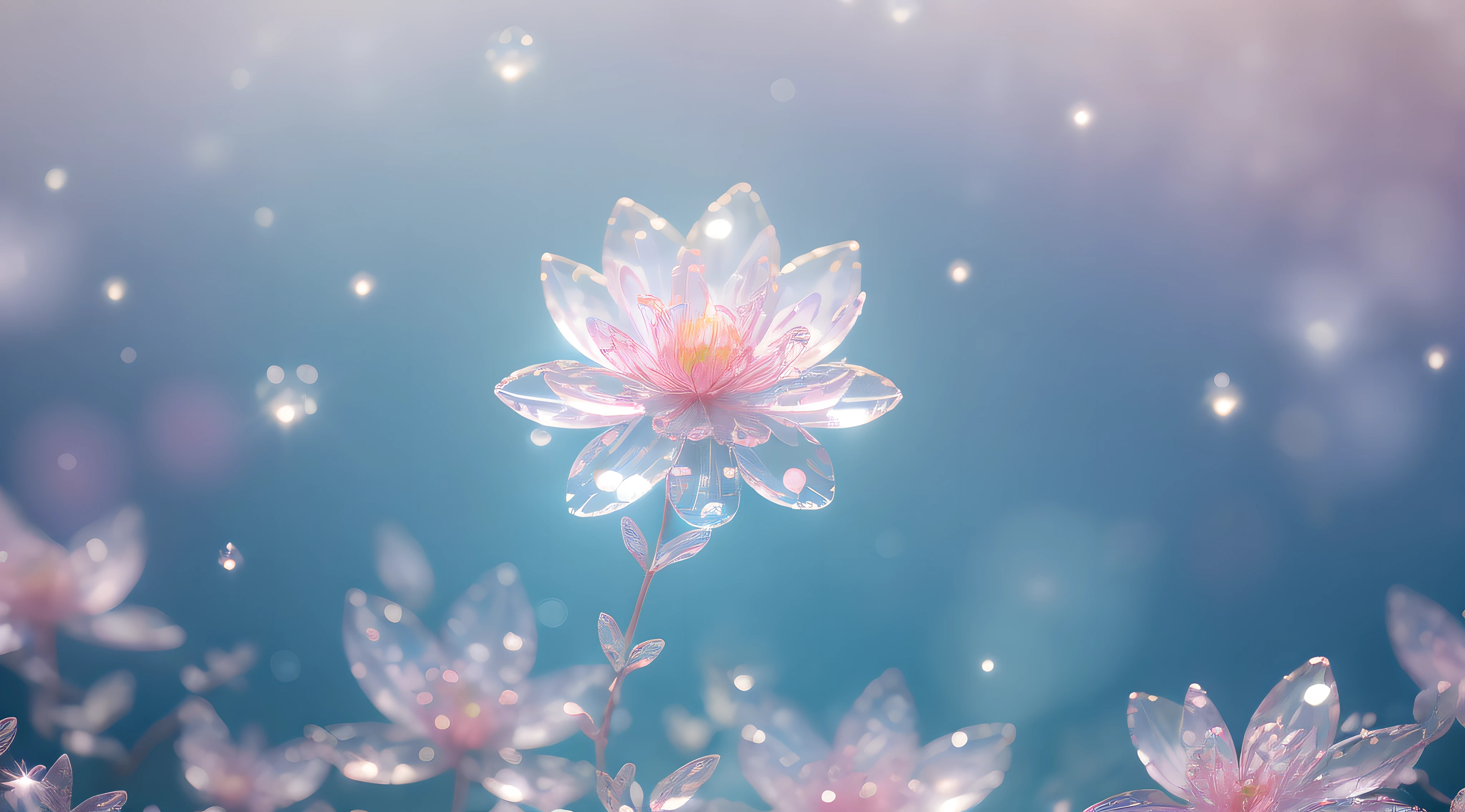 water晶春花，Pink and white gradient，water滴，fantastic, galaxy, transparent,, Pink and white gradient，water滴，Light blue leaves，spark, spark, brilliance, water，Colorful，, Amazing photo of sky blue leaves, dramatic lighting, photorealism, Super detailed, 4K, depth of field, high resolution