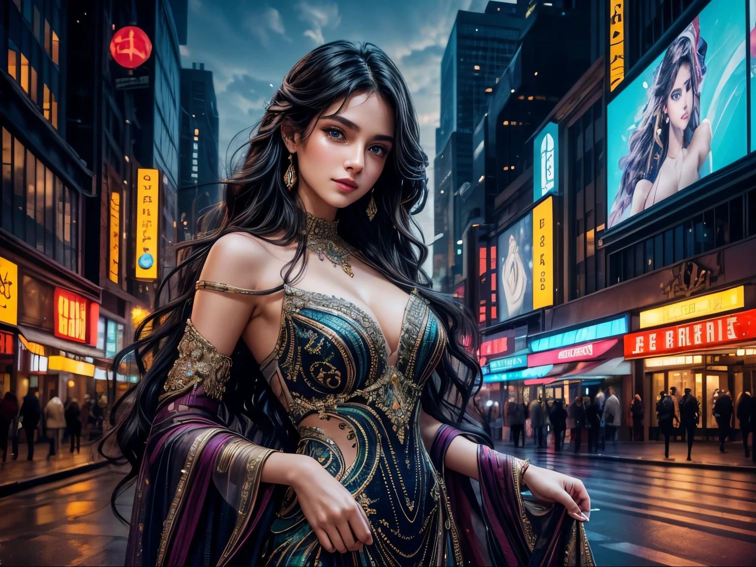 (best quality,4k,8k,highres,masterpiece:1.2),ultra-detailed,(realistic,photorealistic,photo-realistic:1.37),HDR,UHD,studio lighting,ultra-fine painting,sharp focus,physically-based rendering,extreme detail description,professional,vivid colors,bokeh,portraits
A girl with striking green eyes and a mysterious smile stands elegantly in a vibrant city filled with glimmering neon lights. Her dark, wavy hair cascades down her shoulders, creating a beautiful contrast against her fair skin. The rich and detailed brushstrokes on the canvas capture every intricate detail of her graceful face, emphasizing her delicate features. The girl wears an exquisite gown made of shimmering silk, adorned with intricate embroidery and sequins that catch the light, accentuating her elegance and sophistication.
Surrounding her, the bustling streets are alive with energy. Tall skyscrapers reach towards the night sky, their windows reflecting the vibrant colors of the illuminated signs and billboards that line the streets. The pavement beneath her feet is adorned with intricate patterns, giving off an air of luxury and grandeur. The cityscape is alive with movement, as people in stylish attire go about their busy lives, adding depth and realism to the scene.
The overall image quality is of the highest caliber, with every brushstroke and detail carefully crafted to perfection. The use of stunning HDR and UHD techniques brings out the true beauty and brilliance of the artwork. The studio lighting enhances the ambiance, casting soft shadows and highlighting the girl's ethereal presence. The ultra-fine painting technique captures even the smallest details, creating a realistic and lifelike representation.
The color palette is rich and vibrant, with a mix of deep jewel tones and vibrant neon hues. The colors reflect the lively and energetic atmosphere of the city, creating a captivating visual experience. The skilled use of bokeh adds a sense of depth and dimension, further enhancing the ov