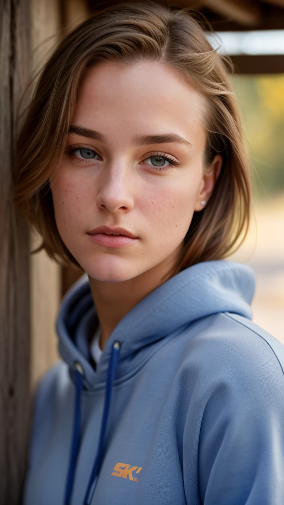 A stunning intricate color close up portrait of (sks woman:1) , wearing Sweatshirt and joggers, epic character composition, sharp focus, natural lighting, subsurface scattering, f2, 35mm, film grain, , by Ansel Adams, 