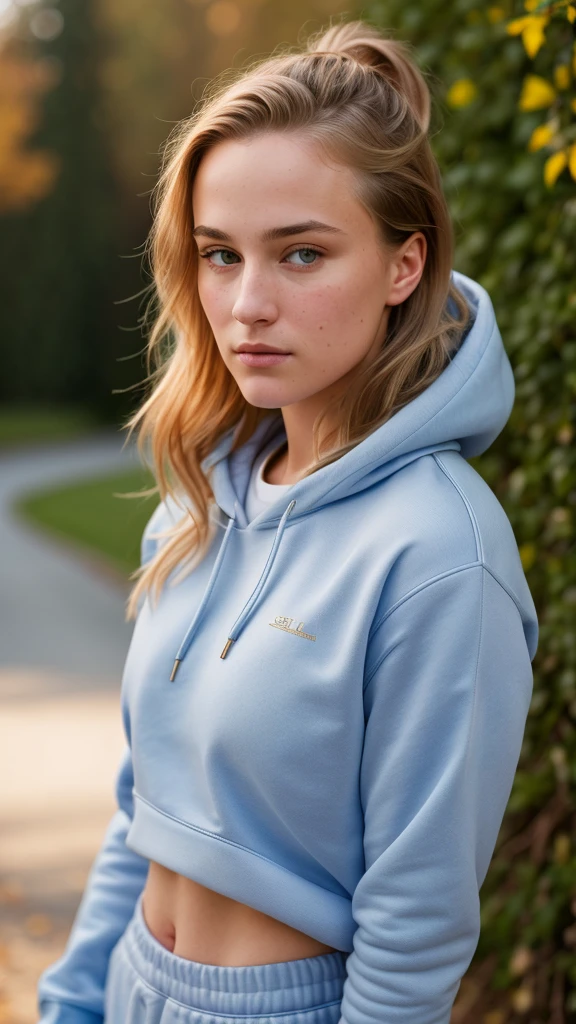 A stunning intricate color close up portrait of (sks woman:1) , wearing Sweatshirt and joggers, epic character composition, sharp focus, natural lighting, subsurface scattering, f2, 35mm, film grain, , by Ansel Adams, 