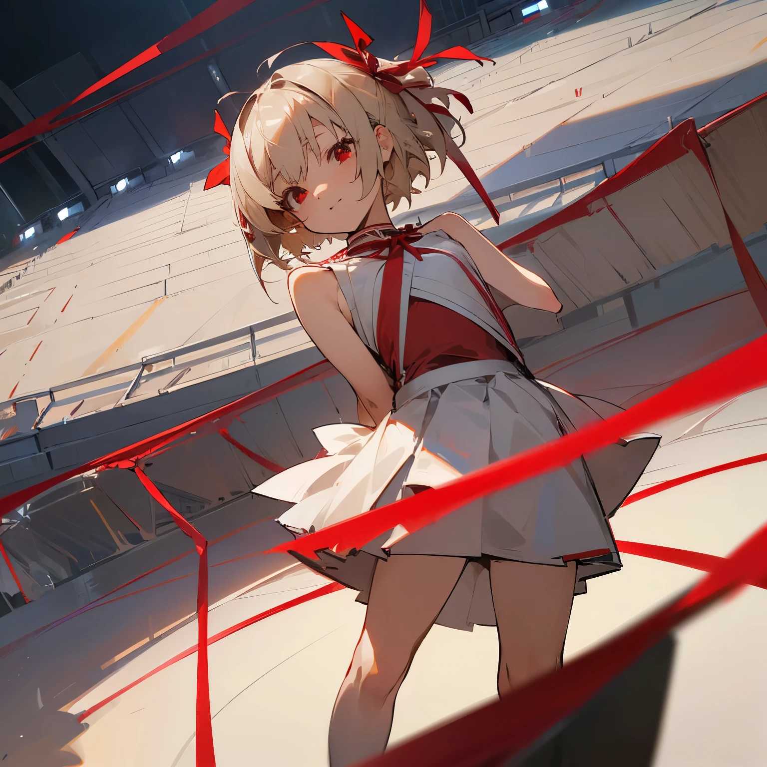 ((red eyes)), (((silver blonde very short hair, red ribbon small one side up))), ((masterpiece)), ((best quality)),cheerleader,stadium,happy,