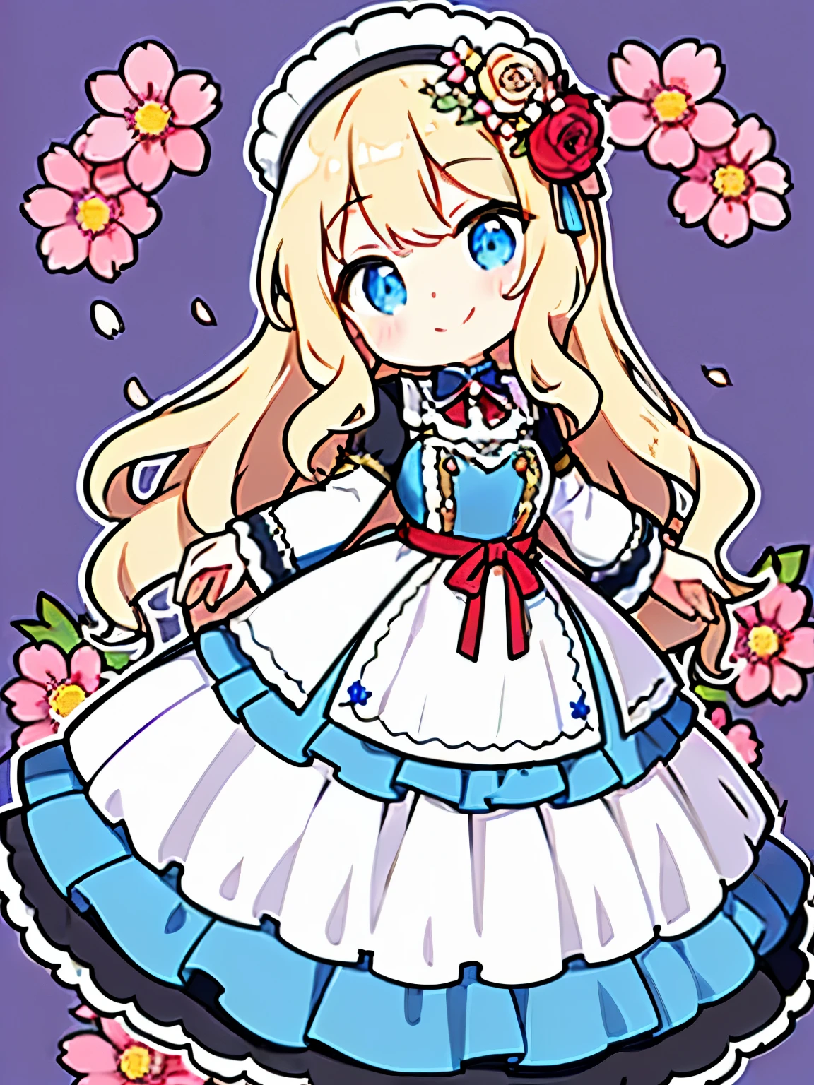 ((blonde:1.2)),(long hair with curls:1.3),(blue eyes:1.4),(Eye size:1.5),(tradition of Alsatian accessories:1.3),((Alsatian costume fashion:1.4)),(Background full of blooming flowers:1.5),(blush),(upward glance:1.3),(small breasts:1.4),(focus on face:1.3),((look up:1.25)),(fashion color White、darkBlue、purple、red:1.3),(smile:1.2),(whole body:1.6)