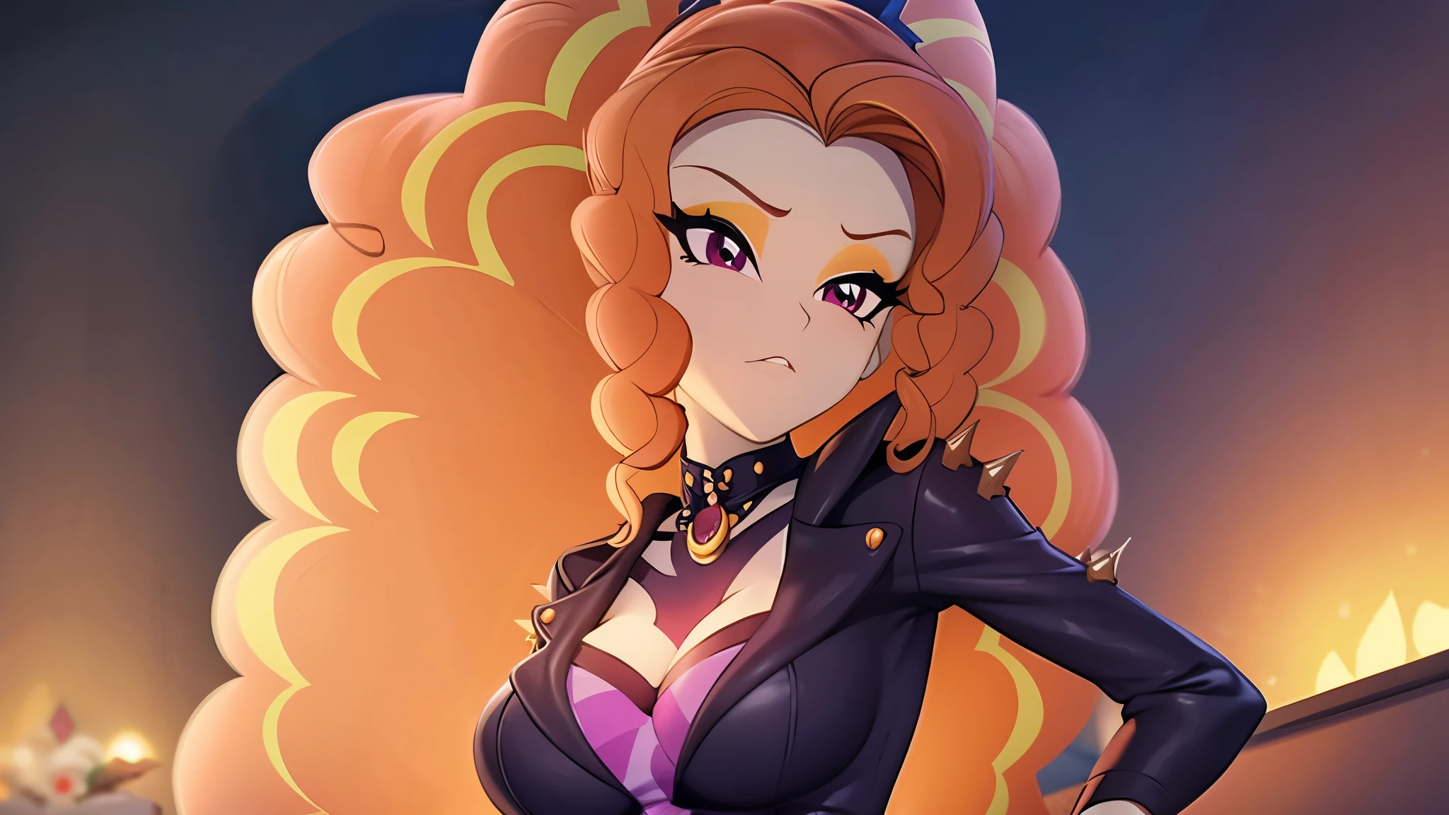 ADAGIO DAZZLE, thin body, 1girl, haughty, arrogant, proud, elegant, dignity, class, stylish, wonderful, good, nice, cool, splendid, lovely, great, fabulous, Gorgeous, thigh boots, looking at viewer, (upper body, thick lips, make up, Eyelashes), pose, sexy, beauty, beautiful, shiny skin