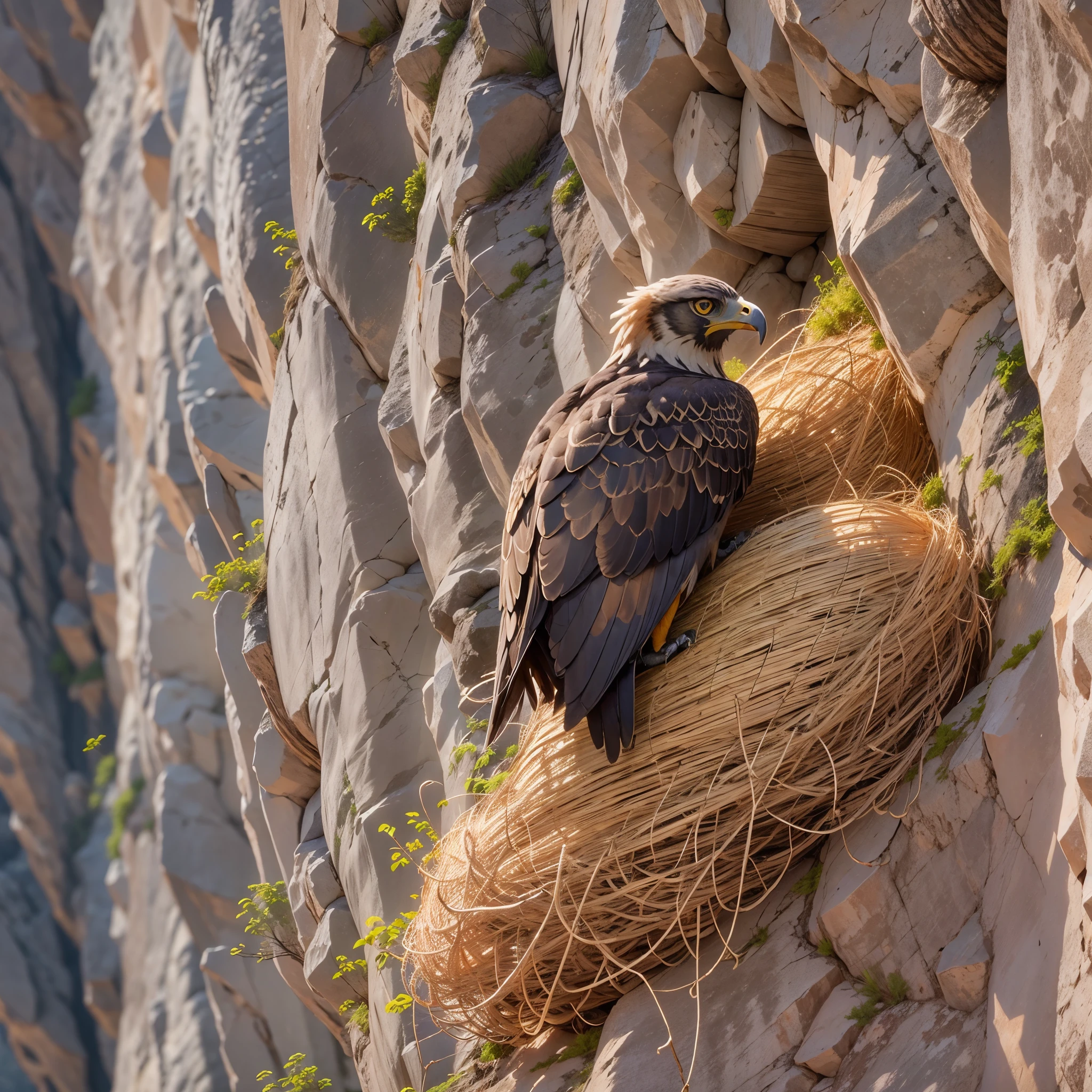 Hay woven nests located on steep cliff faces, Golden eagle cubs in the nest,