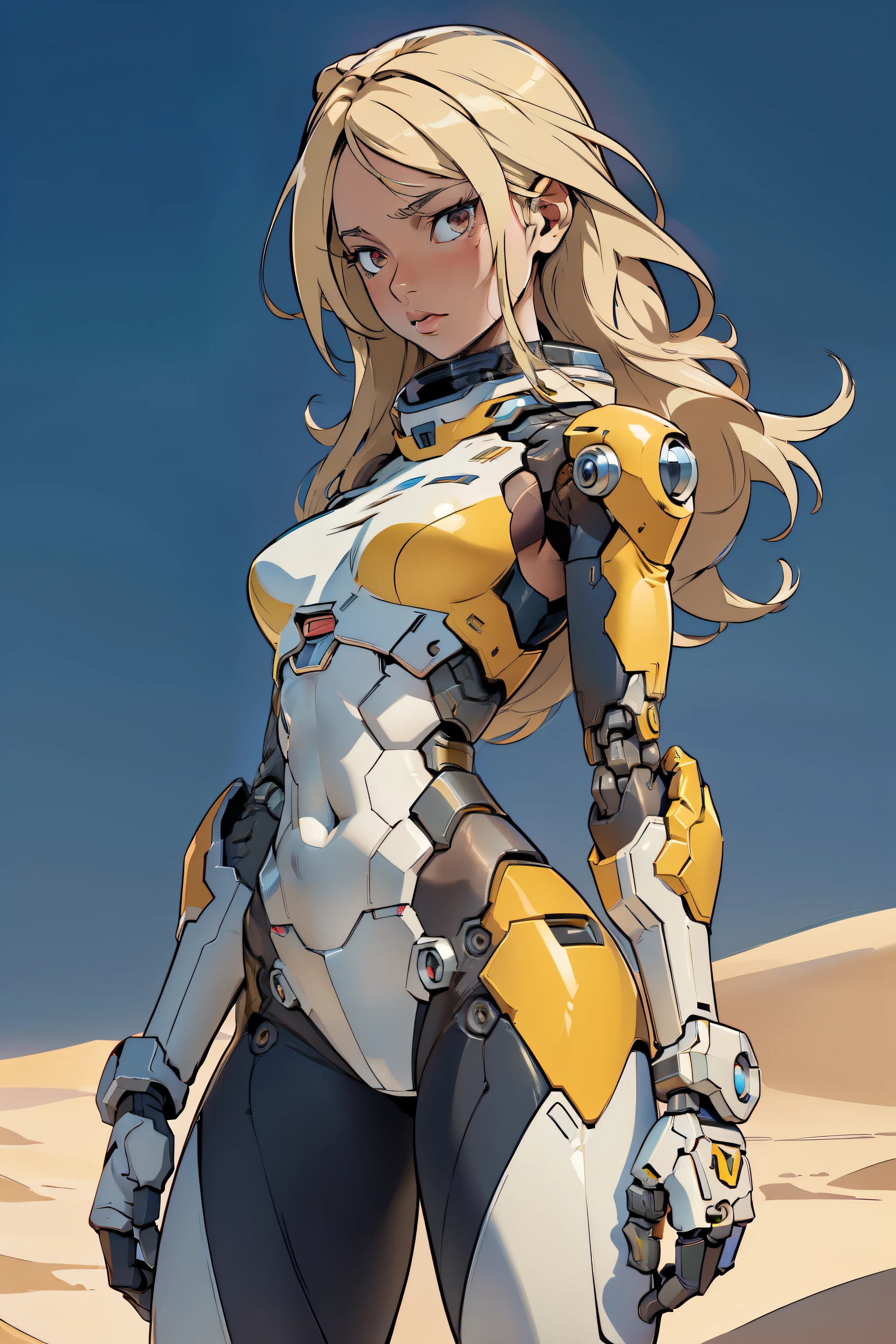 high quality, 4k, masterpiece, beautiful, cyborg girl, cowboy shot, dull eyes, looking at viewer, long blonde hair, girl, small breasts, fit thigh, robotic arms, robotic body, cyborg body, yellow accent, intricate detail, joint, detailed lines, robotic detail, holding fist up, holding hand up as fist, color robotic parts, robotic parts with color, perfect fingers, on a desert planet, sunny background, colorful desert,