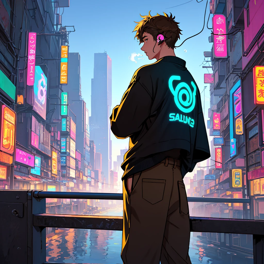 Solo hiena masculino, (Leaning on the railing),Antro urbano, (Cityscape with neon lights), from behind, (Wearing loose-fitting brown trousers and a tight-fitting t-shirt), (Listening to music through earphones), Ojos cerrados, (Auricular headphones covering his ears), onda de vapor (Rising steam), Neon cyberpunk striped sweatpants, (Saturno in the background with detailed shading), Dynamic blur (Background of the scene).
Five hienas, masculinos, (Basking in the sun),Antro selvático, (J
