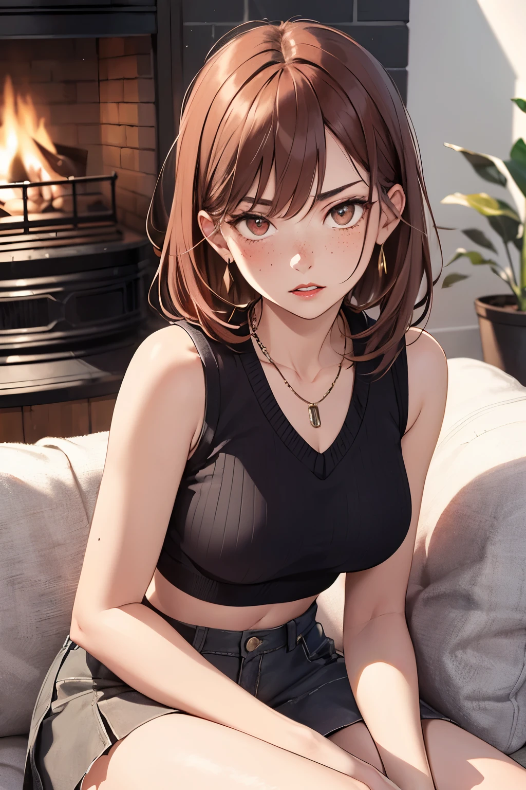 Sexy woman, short brown hair, middle part, lots of makeup, perfect red lips, loose blue tank top, black short shorts