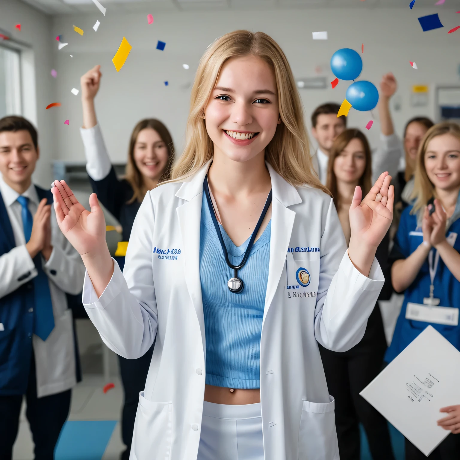 un joven, feliz, y estudiante de medicina concentrada, about 18 years old, rubia y blanca, de pie y celebrando. Lleva una bata de laboratorio azul brillante, un estetoscopio y sostiene su tesis terminada en una mano., raising it in triumph. El profesor, vestido con un traje elegante o una bata de laboratorio, esta a su lado, mirando con orgullo y aplaudiendo. El fondo presenta un blanco., imagen borrosa de un hospital con un vibrante toque de confeti, symbolizes academic achievement and celebration in a professional environment.
