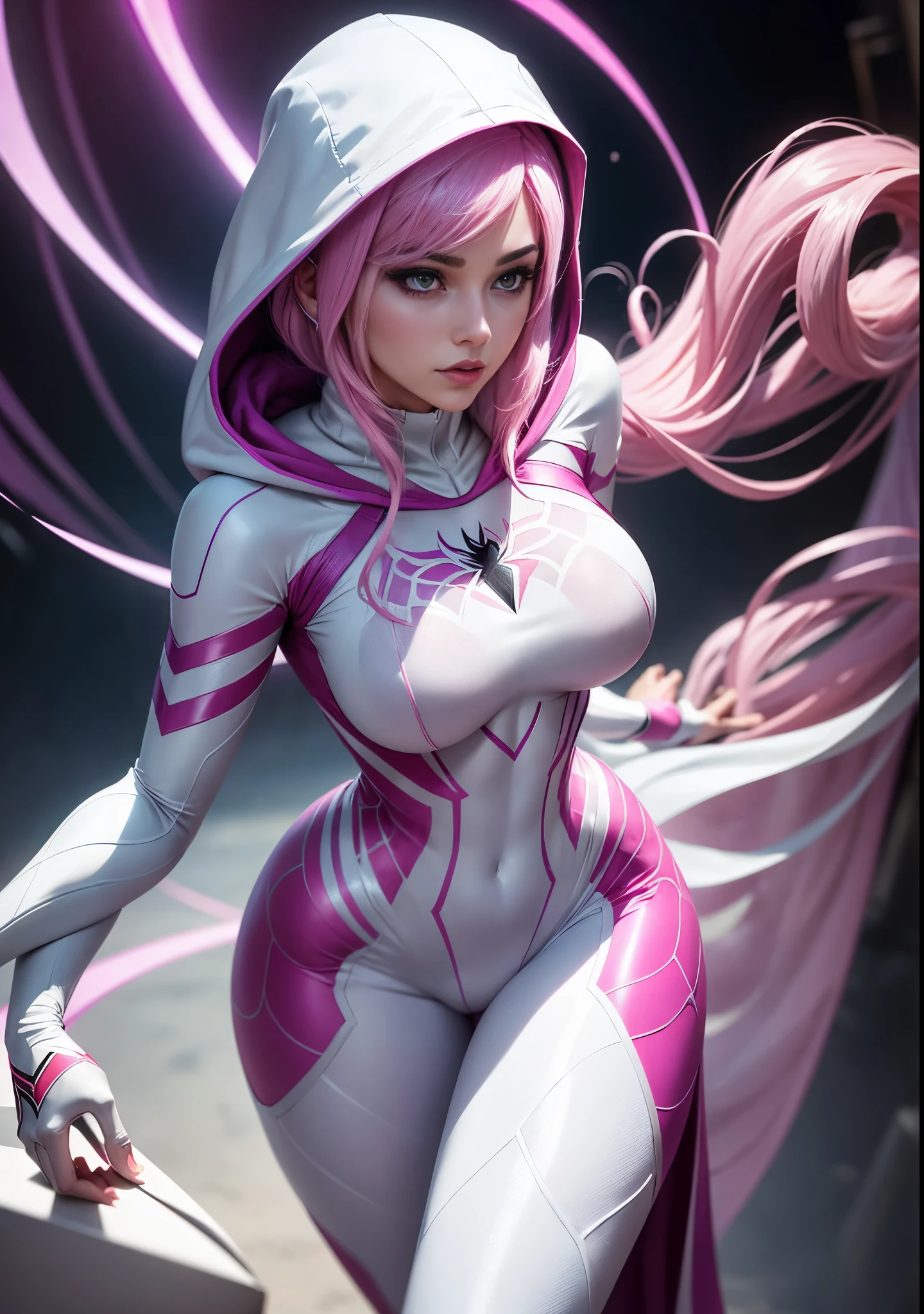 a close up of a woman with pink hair wearing a white hoodie, spider gwen, spider - gwen, spider-gwen, wearing white silk hood, maya ali as a cyber sorceress, in spandex suit, amouranth as a super villain, ( ( spiderwoman ) ), clothed in hooded, shiny white skin, tease, gwen stacy