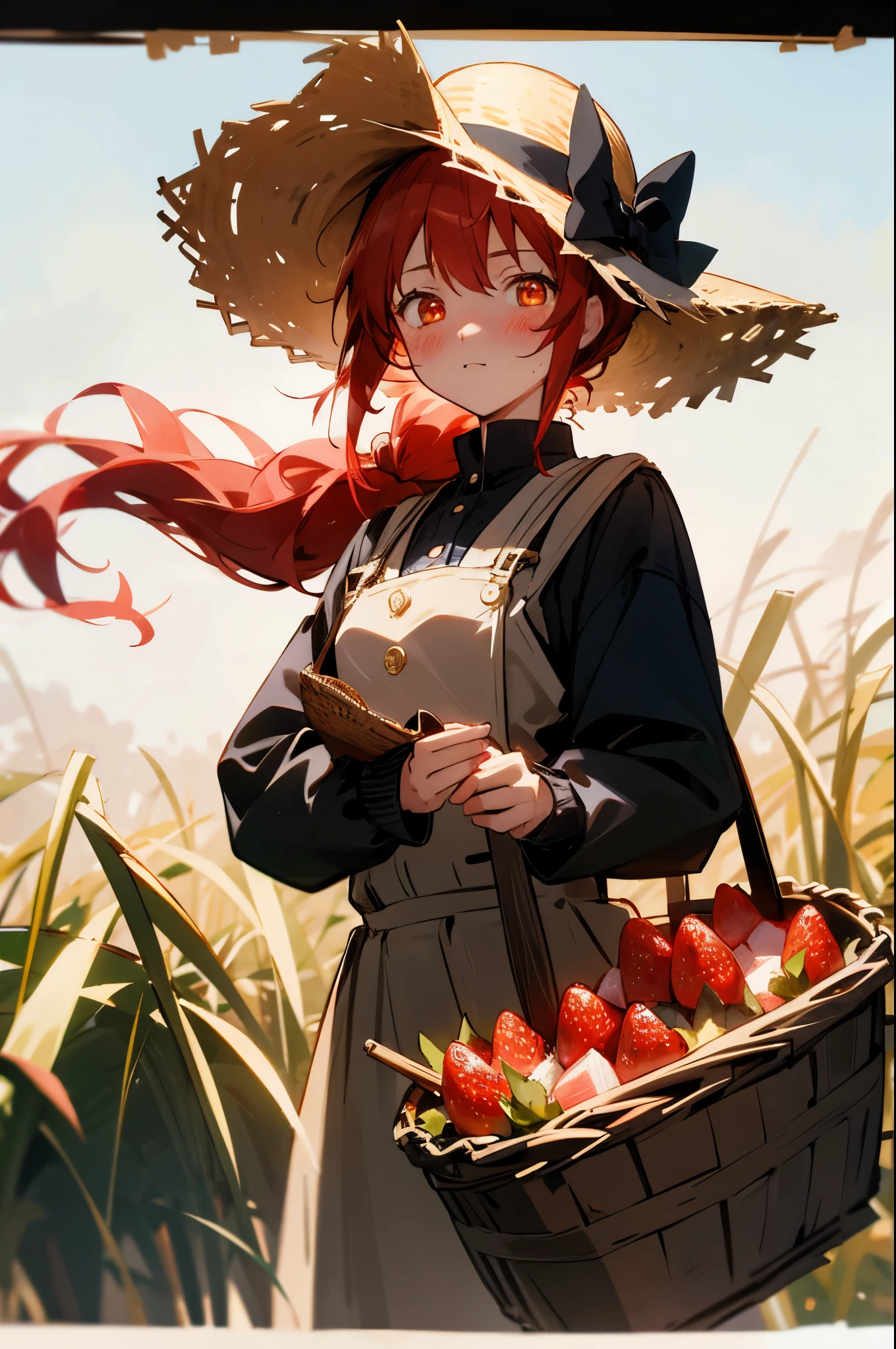 girl，red hair，golden eyes，tied up hair，bow hair band，white lining，Blue suspenders，glowing eyes，glowing eyes，rural style，，poster，epic，straw hat，blush，Take the basket，There are strawberries in the basket，Sunlight，Black jacket，A ponytail