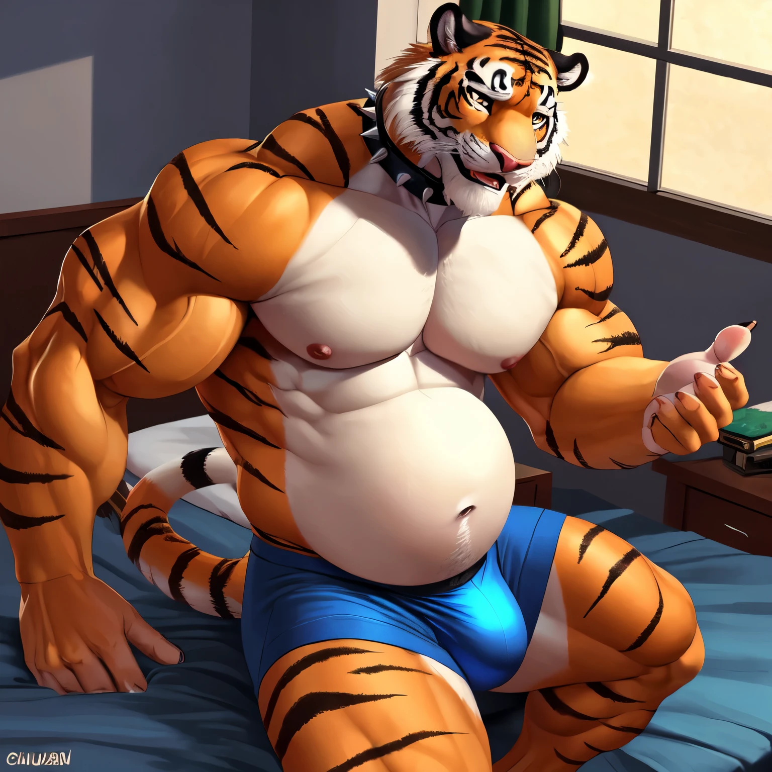 (by feralise, by chunie)(realistic shadows), male, two tiger, two characters (a big tiger and a short tiger)(size difference)(both character are adult), sitting on bed, rubbing belly (touching belly:1.3), wearing spiked collar, showing off belly, athletic body ((correct anatomy:1.3)), suffering, panting, round bloated belly (with some muscle), muscle gut, bulge, blue thong underwear, bedroom enviroment (bed)