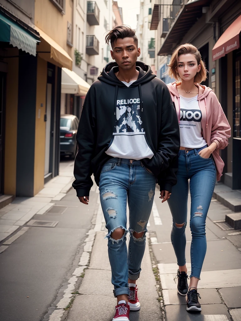 Homem de 20 anos, pele clara, corpo definido, cabelo undercut comprido, jeans and hoodie, caminhando na rua 