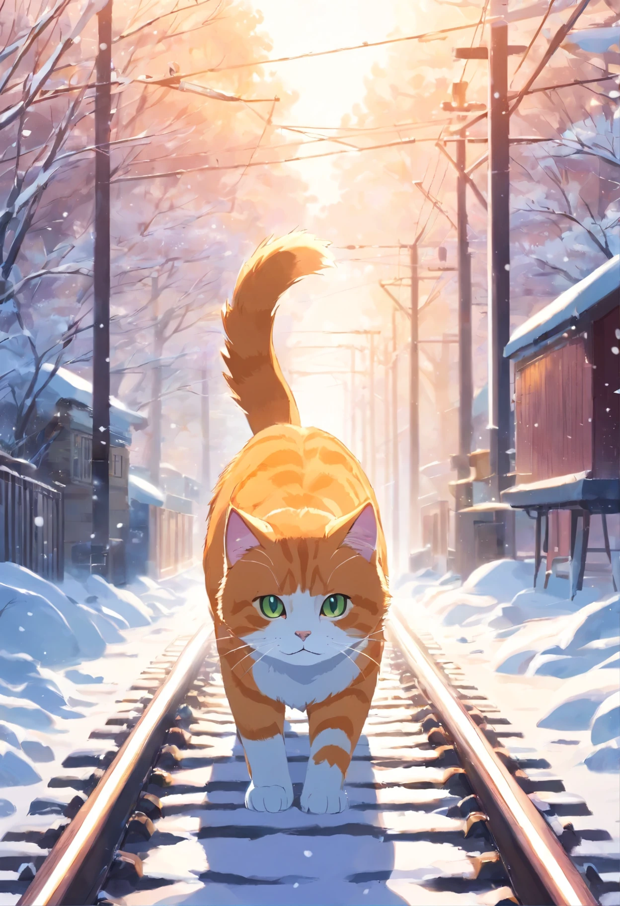 ginger cat, cat soul, snow, snowопад, railway tracks, train,