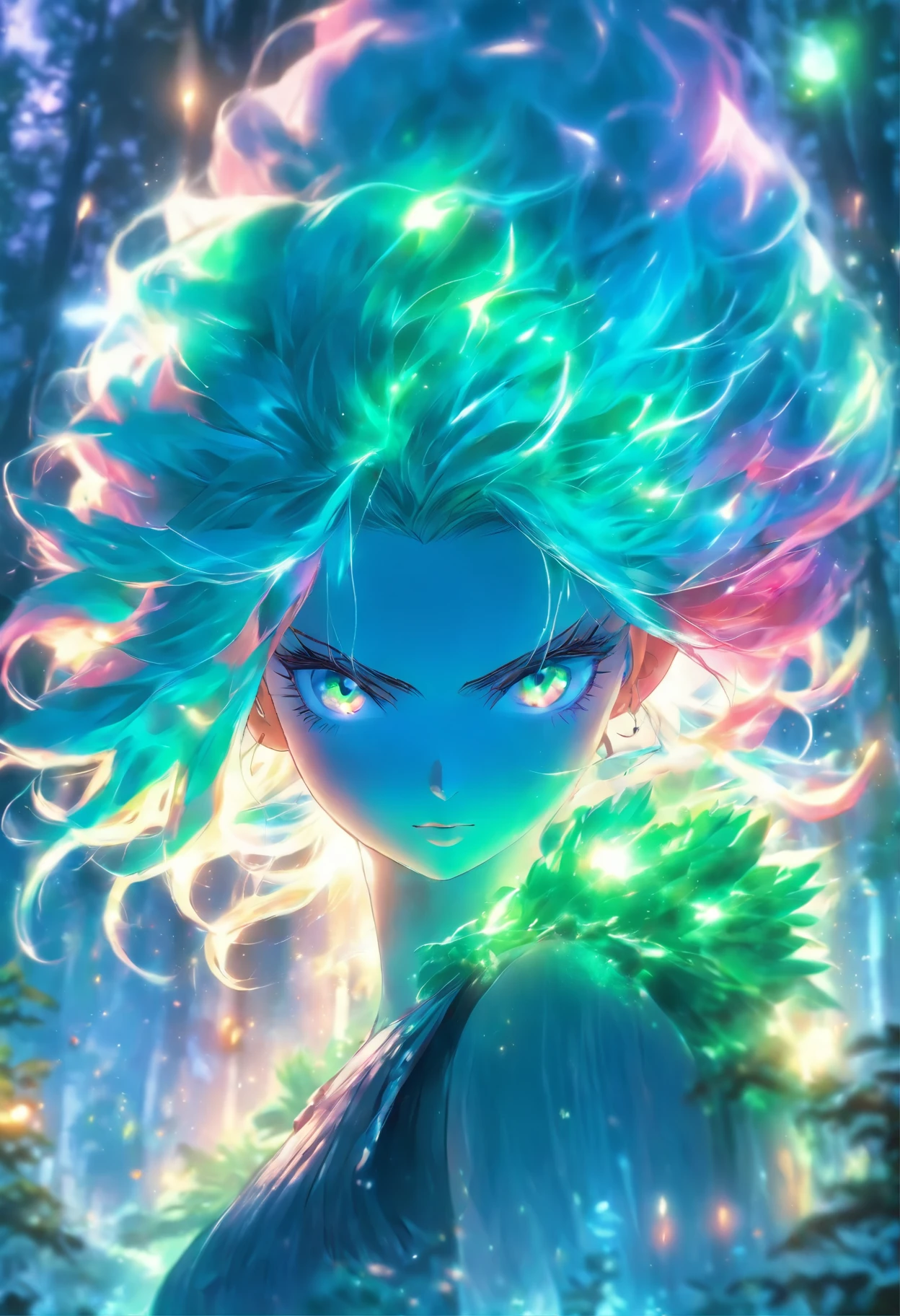 (highest quality,4K,8K,High resolution,masterpiece:1.2),super detailed,(realistic,photorealistic,photo-realistic:1.37),Woman with glowing blue-green eyes,rainbow colored hair,Cast glowing spells,mysterious forest,figure,enchanting atmosphere,Bright colors,soft lighting