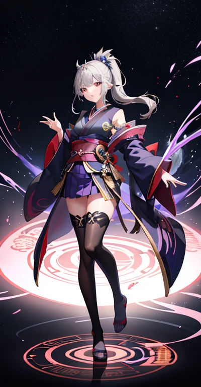 girl, kimono, ponytail ,gray hair, purple eyes, full body view、magic circle, legs are open、sexy pose、 blue fire, blue flame, , Blood, Blood splatter, Depth of bounds written, night, particles of light, light, side light, thighs, destiny \(series\), genshin impact, open jacket, mini skirt, Thighhighs, cloud