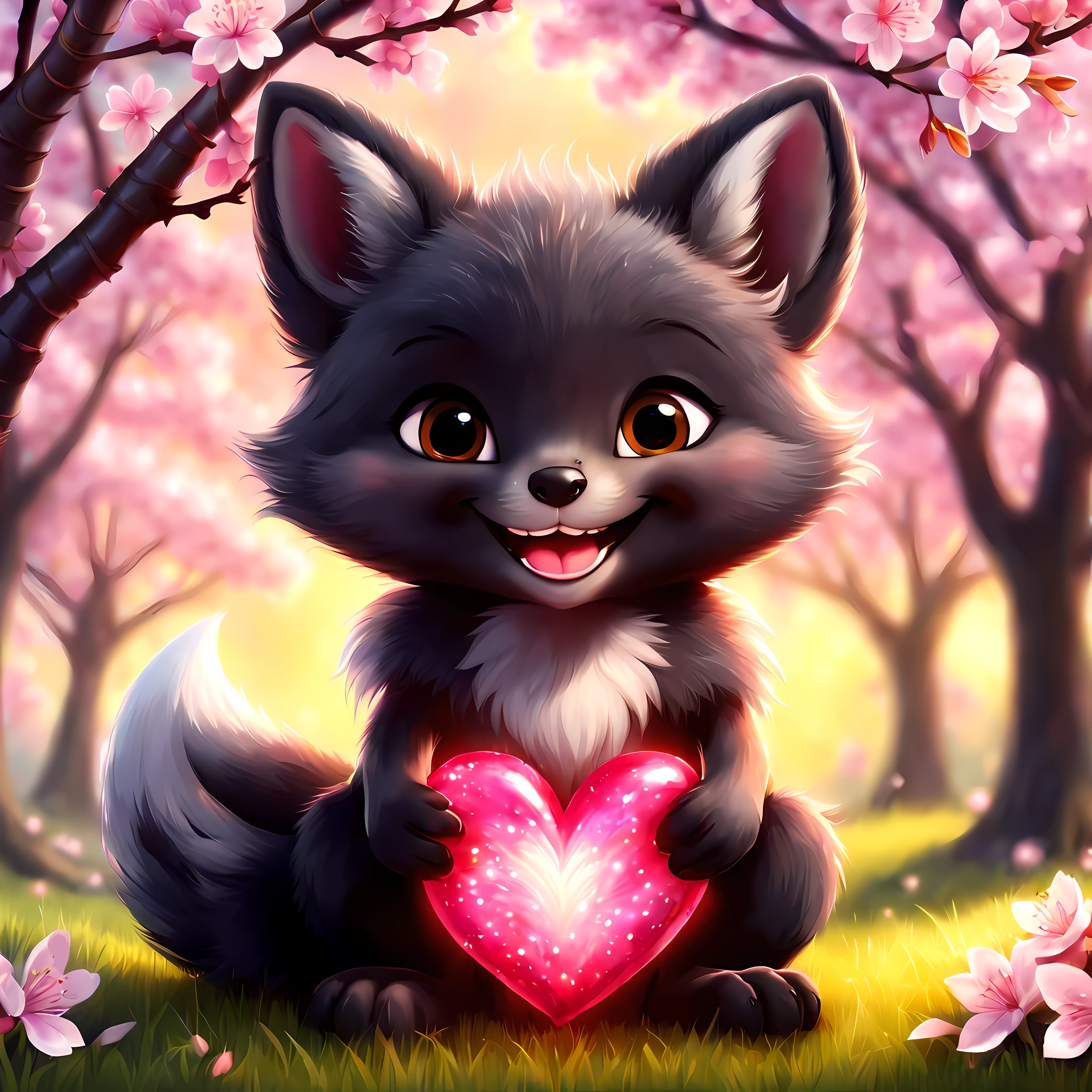 (Cute cartoon style), ((symmetrical close up front view of an adorable)) black fox cub gracefully sitting on a soft grass and gently holding a vibrant giant glowing heart between its paws, (((smiling at the viewer))), vivid eyes, ((enchanting day amidst cherry blossoms, shimmer)). | ((More_Detail))