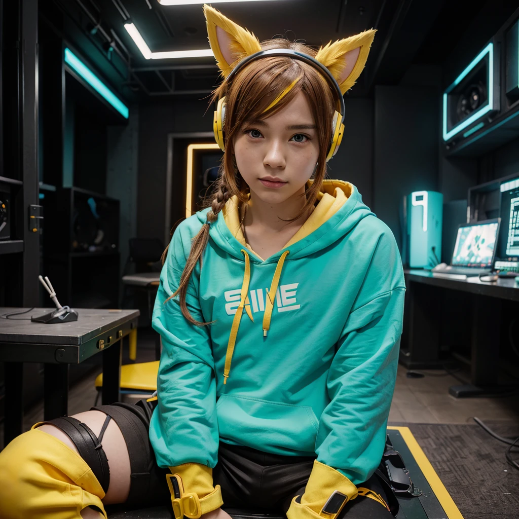 Terra online game Elin character wearing a yellow headset, anime character, He's wearing a turquoise hoodie, sitting in front of a table looking straight at the camera in a very cool and expensive cyberpunk studio setting..