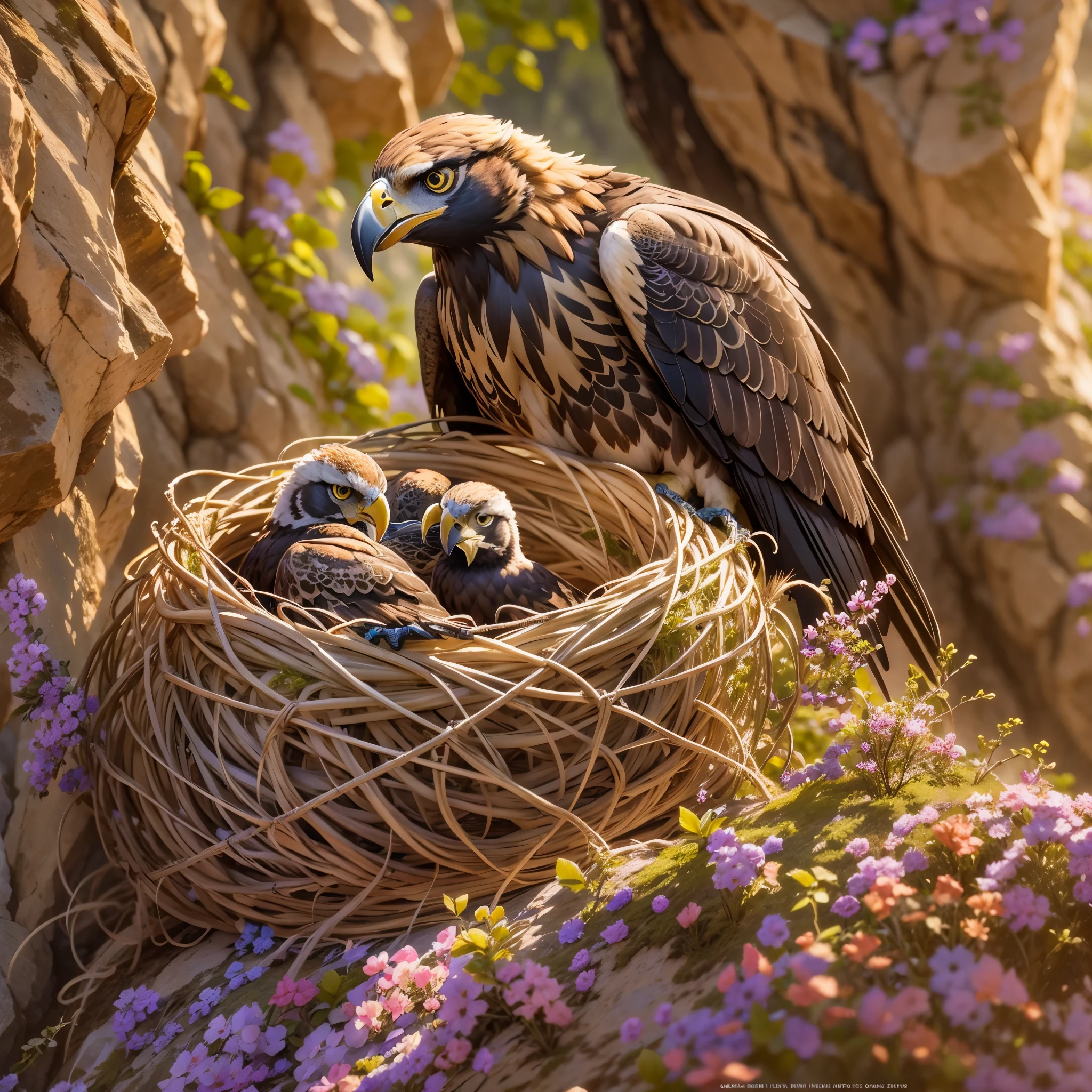 Hay woven nests located on steep cliff faces, Golden eagle cubs in the nest，Ultra-detailed，lifelike：1.37，Bright colors，soft light