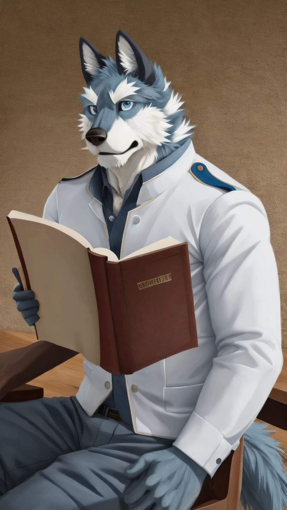 Argo alone looking at the viewer serious expression blue eyes reading a book wearing a white uniform realistic high school background sitting on the high chair a realistic classroom background