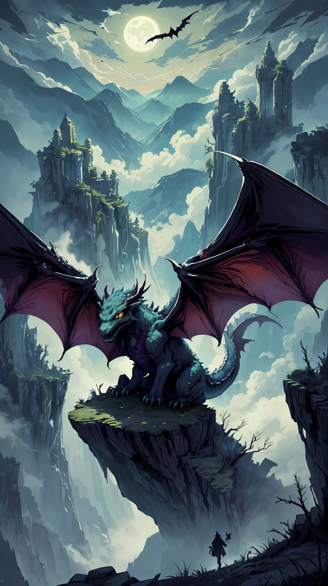 (High resolution: 1.2)、detailed、amazing dragon nest、spooky崖、(dragon's lair)、Stormy atmosphere、Dramatic clouds、Ancientの苔むした石、dangerous cliff、Mysterious fog、((Wyvern's Hideout))、medieval fantasy、premonition、wild、magic、Unforgettable、spooky、majestic、Surreal、dark、gothic、nervous、like a shadow、Awe-inspiring、fantastic scenery、raised rocky plateau、spooky沈黙、predatory eyes、huge wings、Evil、hall々It was、mythical creatures、ruins on the cliff、overgrown plants、Barren tree々、majestic山々、Twinkling moonlight、dramatic lighting、spooky影、abandoned、荒涼It was、Ancient、isolated、wilderness、Different world、Invisible Danger