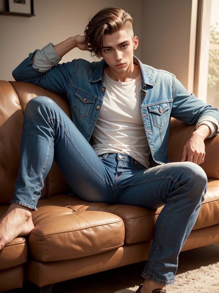 Homem de 20 anos, pele clara, corpo definido, cabelo undercut comprido, jeans and jacket, sitting not sofa, casa luxuosa