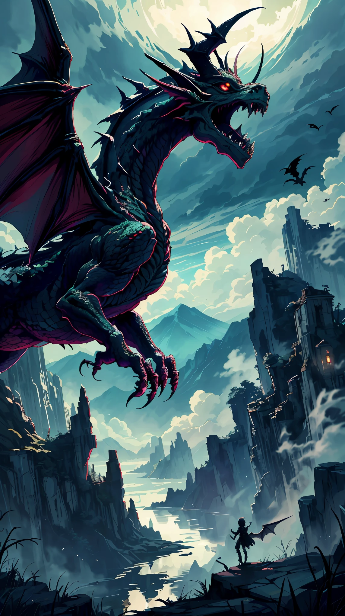 (High resolution: 1.2)、detailed、amazing dragon nest、spooky崖、(dragon's lair)、Stormy atmosphere、Dramatic clouds、Ancientの苔むした石、dangerous cliff、Mysterious fog、((Wyvern's Hideout))、medieval fantasy、premonition、wild、magic、Unforgettable、spooky、majestic、Surreal、dark、gothic、nervous、like a shadow、Awe-inspiring、fantastic scenery、raised rocky plateau、spooky沈黙、predatory eyes、huge wings、Evil、hall々It was、mythical creatures、ruins on the cliff、overgrown plants、Barren tree々、majestic山々、Twinkling moonlight、dramatic lighting、spooky影、abandoned、荒涼It was、Ancient、isolated、wilderness、Different world、Invisible Danger