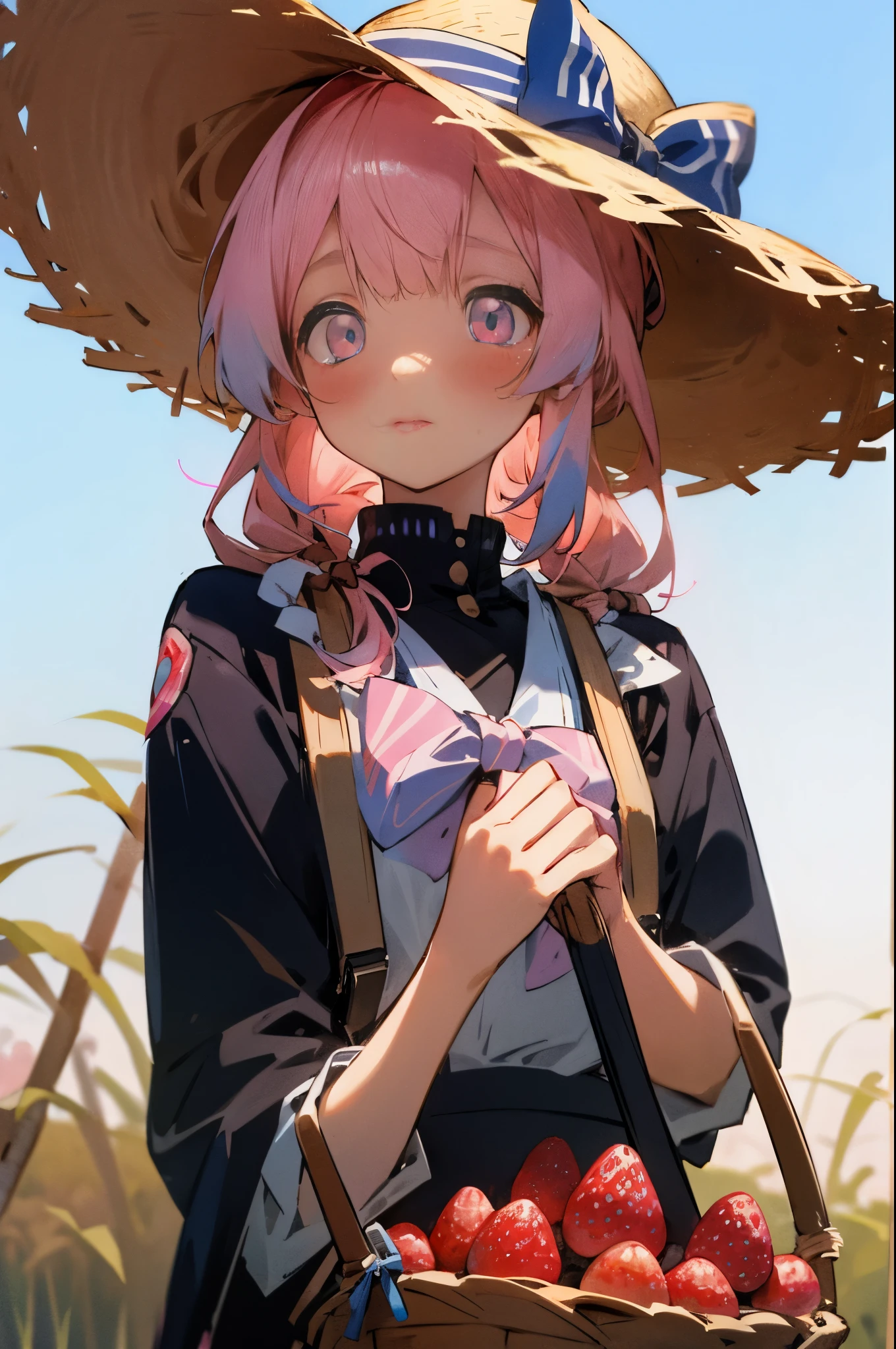 girl,pink hair,tied up hair,bow hair band,white lining,Blue suspenders,glowing eyes,glowing eyes,rural style,,poster,epic,straw hat,blush,Take the basket,There are strawberries in the basket,Sunlight,Black jacket