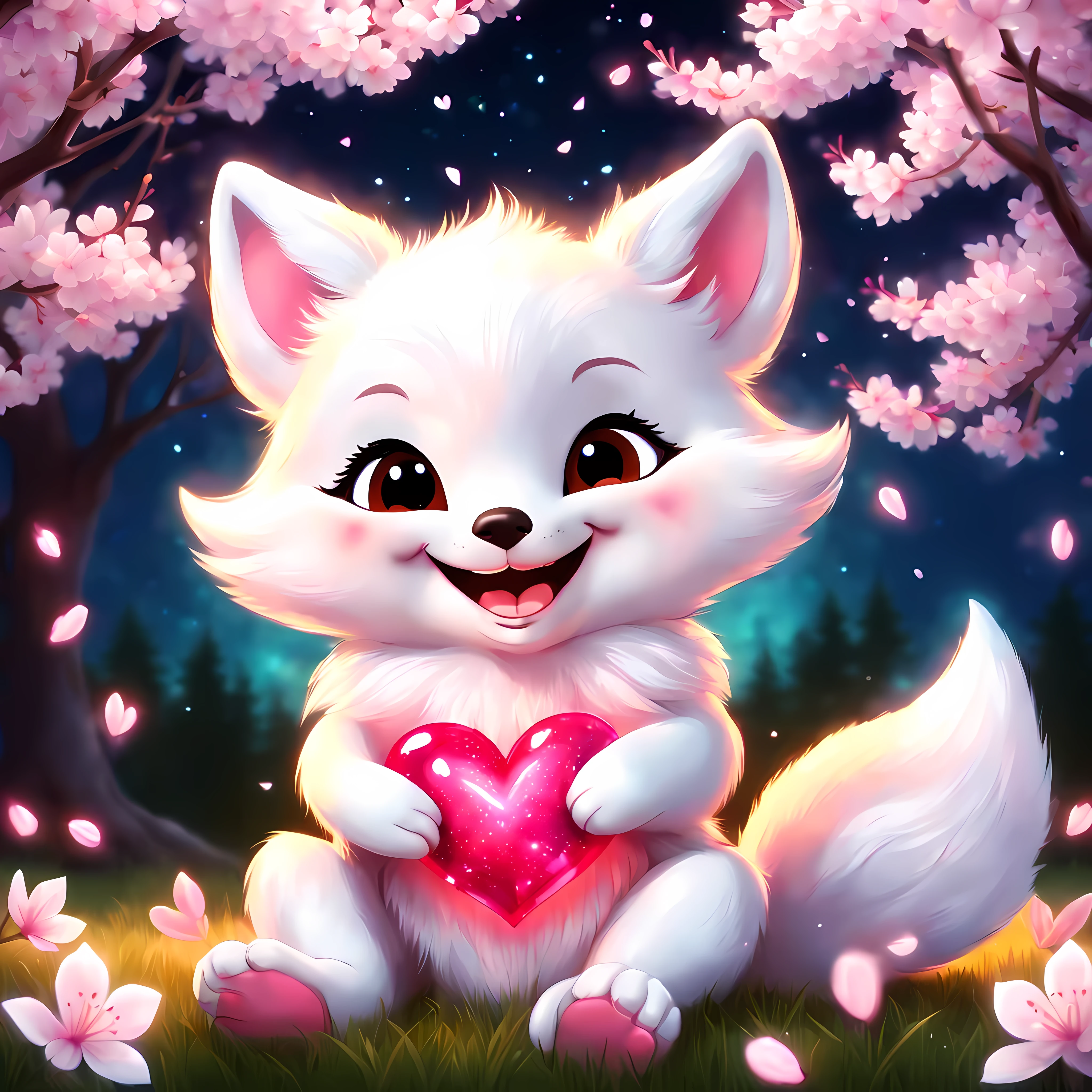 (Cute cartoon style), ((symmetrical close up front view of an adorable)) white fox cub gracefully sitting on a soft grass and gently holding a vibrant giant glowing heart between its paws, (((smiling at the viewer))), vivid eyes, ((enchanting night amidst cherry blossoms, shimmer)). | ((More_Detail))