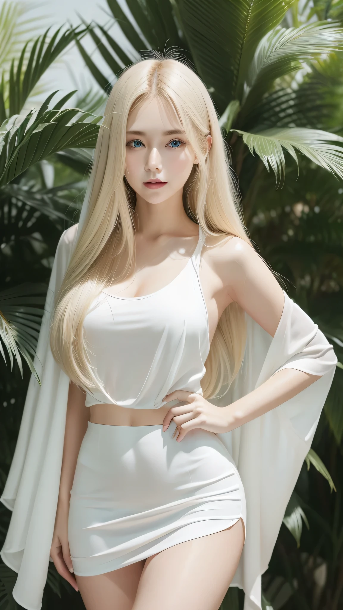 Shiny transparent white skin,Wind hair gets in the way of a pretty face,tall,20 years old cute sexy little handsome face,Beautiful straight hair that shines,talllight,light blue eyes、Long silky bangs covering cute eyes,Sexy face hiding hair super long hair sexy cute young woman long natural blonde shiny shiny hair, The sea shining in the morning sun , (Sexy white micro blouse and white tight skirt: 1.2), Tropical islands, Palm trees, Blonde Glossy Light Hair, straight hair,Longhaire, light blue eyes, 1 girl, 20 years old, (Intricate details: 1.2),, long upturned eyes, (Detailed eyes), long upturned eyes,(A detailed face), beautiful Smile,Transparent white glossy skin,flushed cheeks,Medium chest,slender body shape, tight waist,small ass, thin and long legs,the visible part of someone's thighs between their skirt ,beautiful hands,,thin shoulders,Look at viewers,dynamicposes,