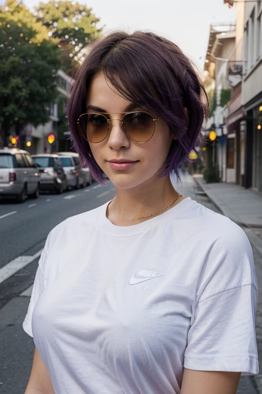 "A photorealistic portrait of a 25-year-old American girl with short purple hair and blue eyes, Wearing sunglasses, huge breasts, and a white Nike shirt. She should have a natural smile and be illuminated by soft, golden-hour sunlight. The background should be a scenic outdoor setting, perhaps an urban street. Capture this image with a high-resolution photograph using an 85mm lens for a flattering perspective."