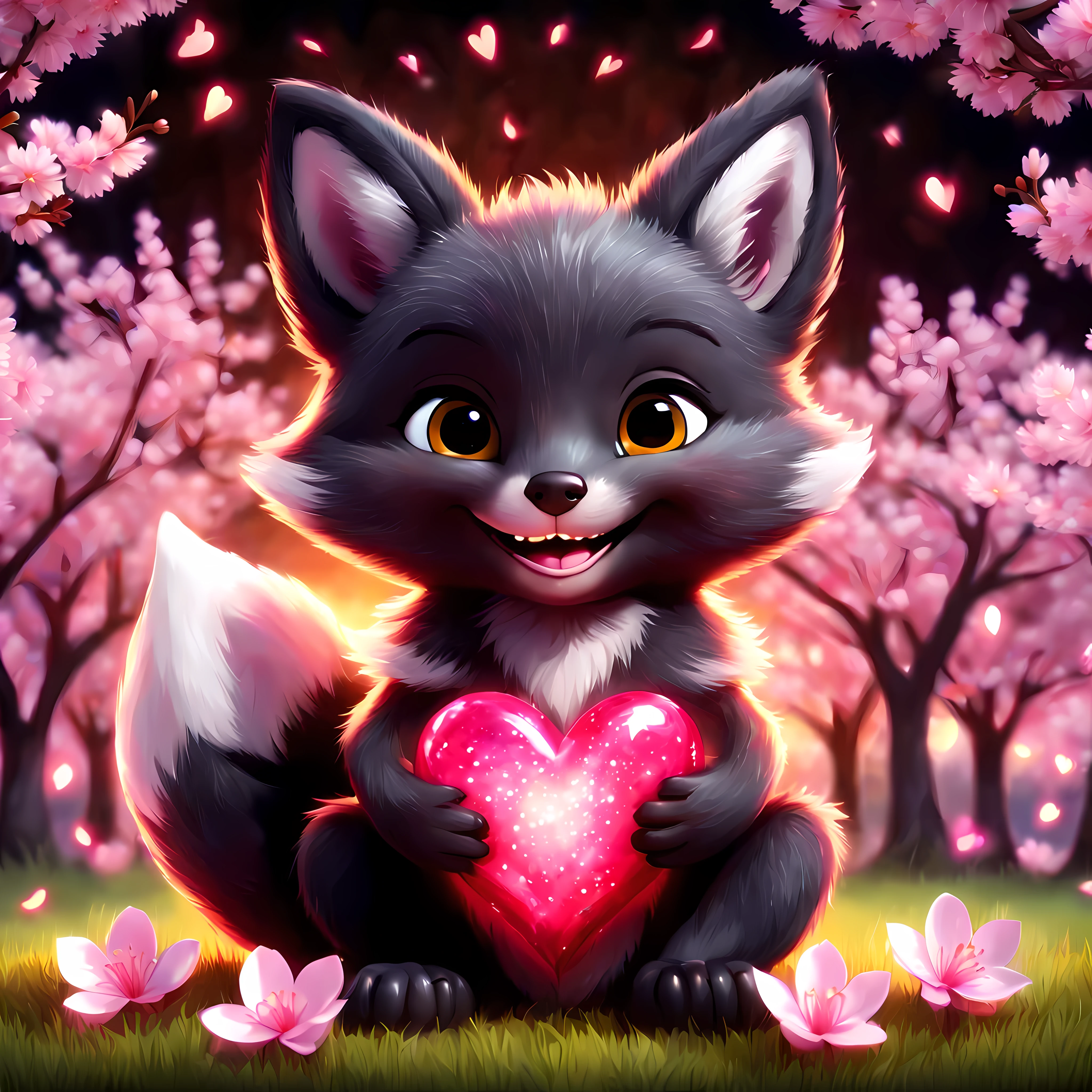 (Cute cartoon style), ((symmetrical close up front view of an adorable)) black fox cub gracefully sitting on a soft grass and gently holding a vibrant giant glowing heart between its paws, (((smiling at the viewer))), vivid eyes, ((enchanting night amidst cherry blossoms, shimmer)). | ((More_Detail))