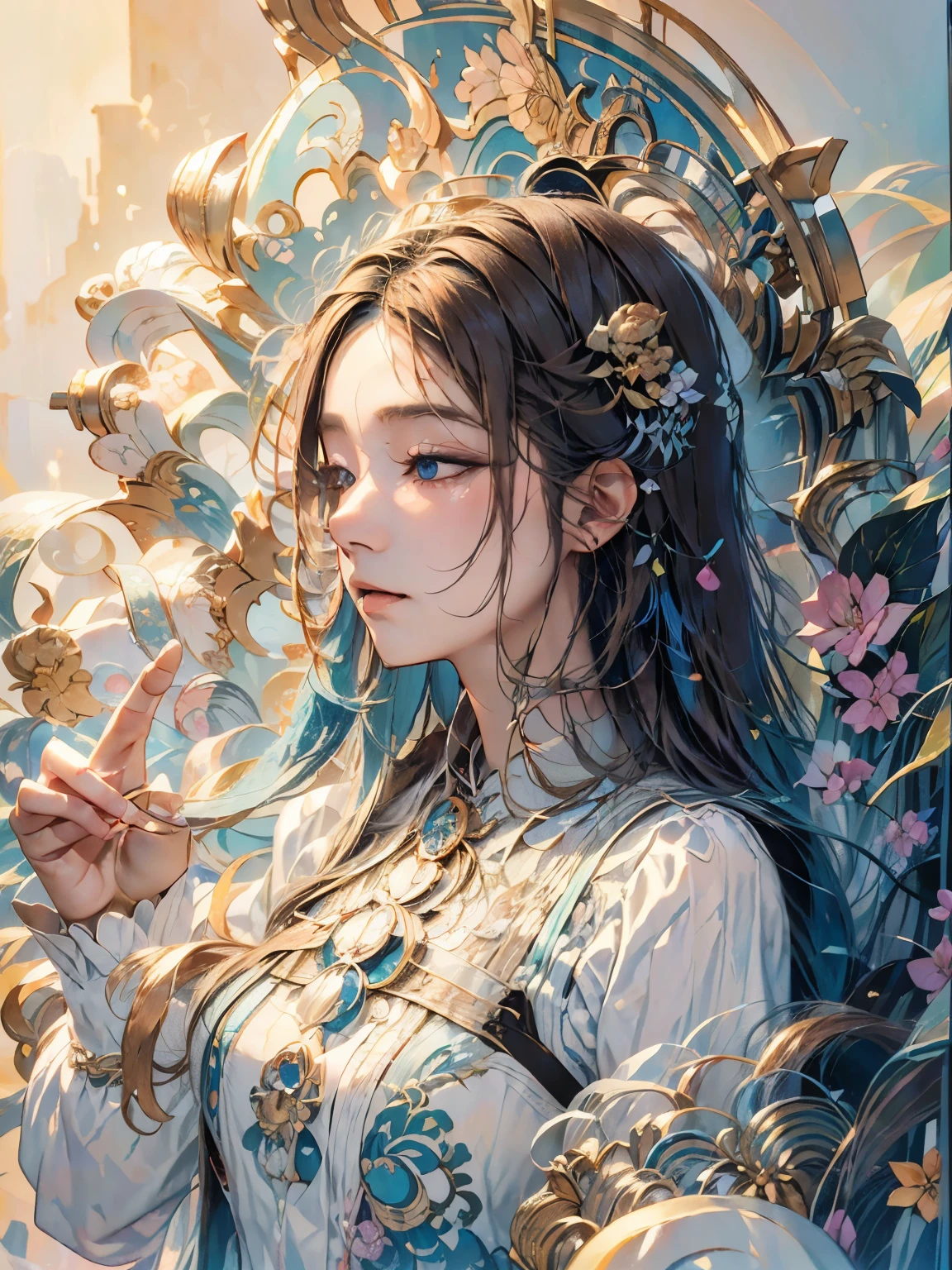 Beauty side face,Long colored hair,closing her eyes,Masterpiece rose, with rainbow colored background, illustration or paper art or zentangle or a 3D render, best quality, detailed details, masterpiece, official art, movie light effect, 4K, Chiaroscuro
