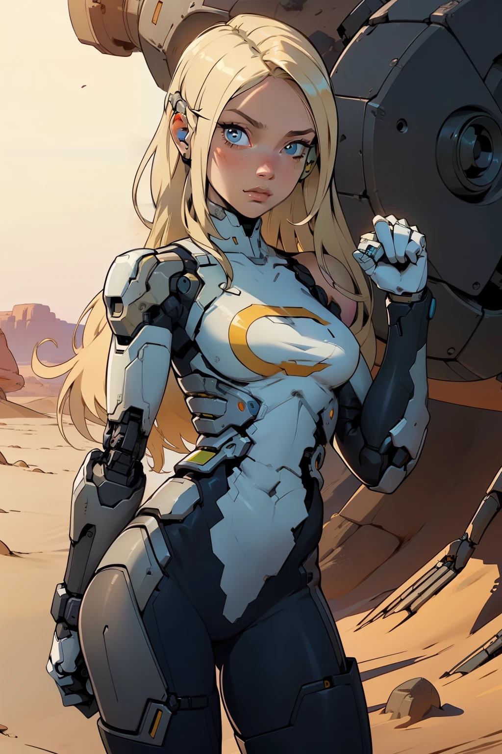 high quality, 4k, masterpiece, beautiful, cyborg girl, cowboy shot, dull eyes, looking at viewer, long blonde hair, girl, small breasts, fit thigh, robotic arms, robotic body, cyborg body, yellow accent, intricate detail, joint, detailed lines, robotic detail, holding fist up, holding hand up as fist, color robotic parts, robotic parts with color, perfect fingers, on a desert planet, sunny background, colorful desert,