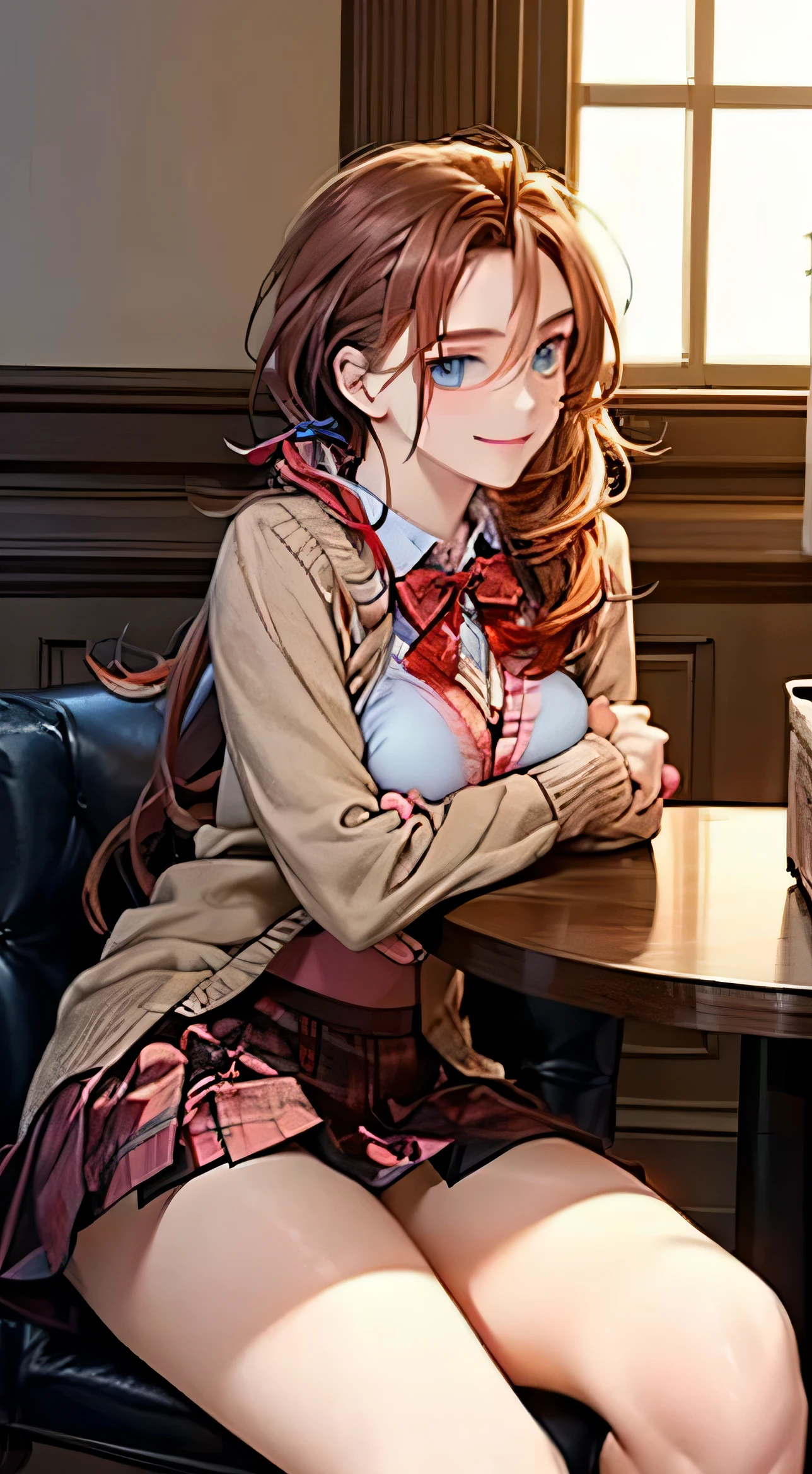 (masterpiece:1.2, highest quality), (realistic, photorealistic:1.4), beautiful illustrations, NSFW, looking at the viewer, cowboy shot, Front view:0.6, 1 girl, Japanese, high school girl, light brown hair, (long hair:1.8), (side ponytail:1.7), bangs, hair between eyes, blue eyes, big breasts:0.8, (thick thighs), beautiful hair, beautiful face, beautiful and fine eyes, beautiful clavicle, beautiful body, beautiful breasts, beautiful thighs, beautiful feet, beautiful fingers, (beautiful scenery), dawn, Cafe Shop, ((Red Blazer, pleated mini skirt, white socks, Red Private School Uniform:1.2, Light blowing cardigan, red plaid pleated skirt, Red plaid bow tie, Red plaid hair ribbon)), pink panties, (undulating), ((seductive posture: 1.2, charm: 1.2)), (idle state), (erotic, sexy, upper eye, smile), shiny skin, perfect face, Cute symmetrical face, natural side lighting, movie lighting), Sitting chair, hands between tables,
