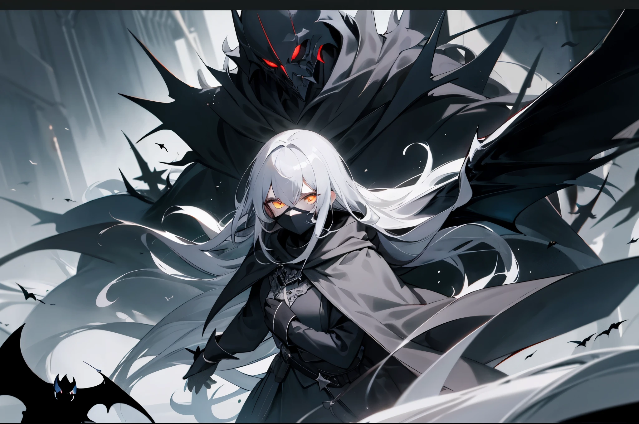girl,The capital of darkness,black cloak,golden eyes,assassin,glowing eyes,glowing eyes,silver gray hair,long hair,black mask,bat wings,poster,epic,,sea of stars,Dark rendering