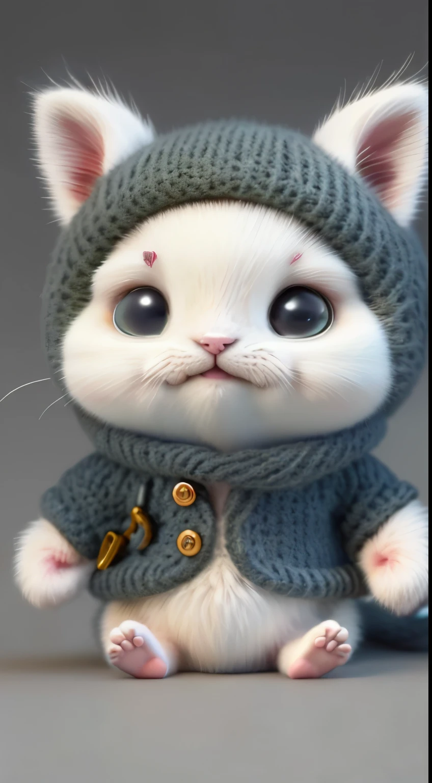 kitten in clothes， miniature kitten， Animal focus， bearded， Realistic， Gonzo hand， ambiguous background，smile，interesting、