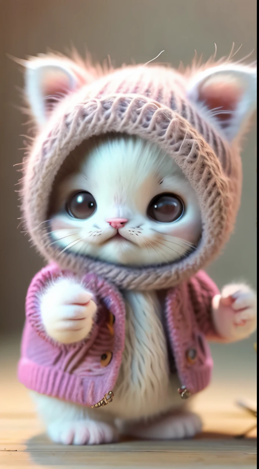 kitten in clothes， miniature kitten， Animal focus， bearded， Realistic， Gonzo hand， ambiguous background，smile，interesting、