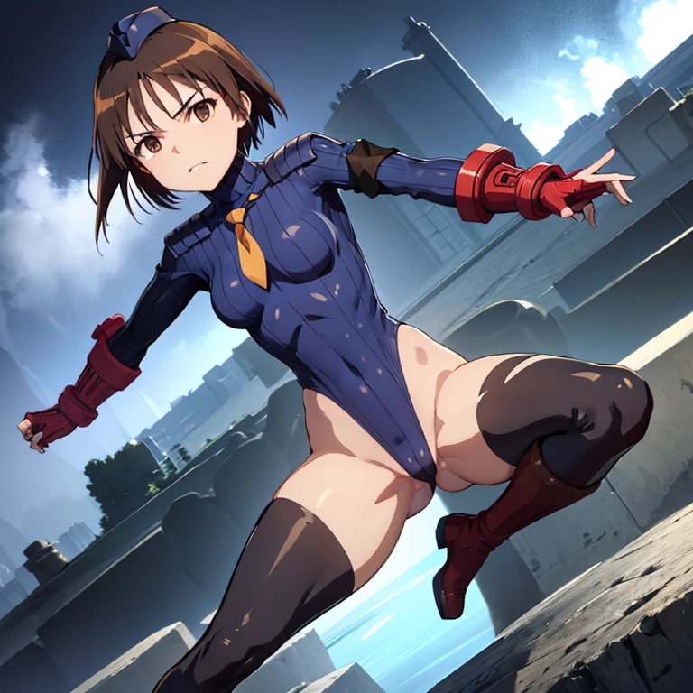 ultra-detailed, Explicit, Beautiful body, Beautiful Nose, Beautiful character design, perfect eyes, perfect face, ultra highres, 4K, beautiful legs, perfect legs, Nice hands, Perfect hand, Masterpiece, Best Quality, Highly detailed, illustration, absurdres, perfect anatomy, street fighter, doll suit, shadaloo doll, dollsuit, expressionless, blank eyes, looking at viewer, red gloves, emotionless, black latex, corrution, mind control, female combatant, full body, hypnotized, unhappy trance, full body suit, ribbed bodysuit, both arms at side, obey, perfect female body, extremely glossy latex, hypnosis, hypnoLora, empty eyes, Mind control device, poses, submissive_pose, Slave, hat, necktie, stand up straight, standing, standing at attention, hat, necktie, belt, latex, ribbed bodysuit, thighhighs, garter belt, Fighting Stance, extending the right arm from the shoulder into the air with a straightened hand, military, thigh boots, 1girl, Solo, brown hair, short hair, brown eyes, Yoshika Miyafuji, Strike Witches, evil smile, evil grin, evil expression