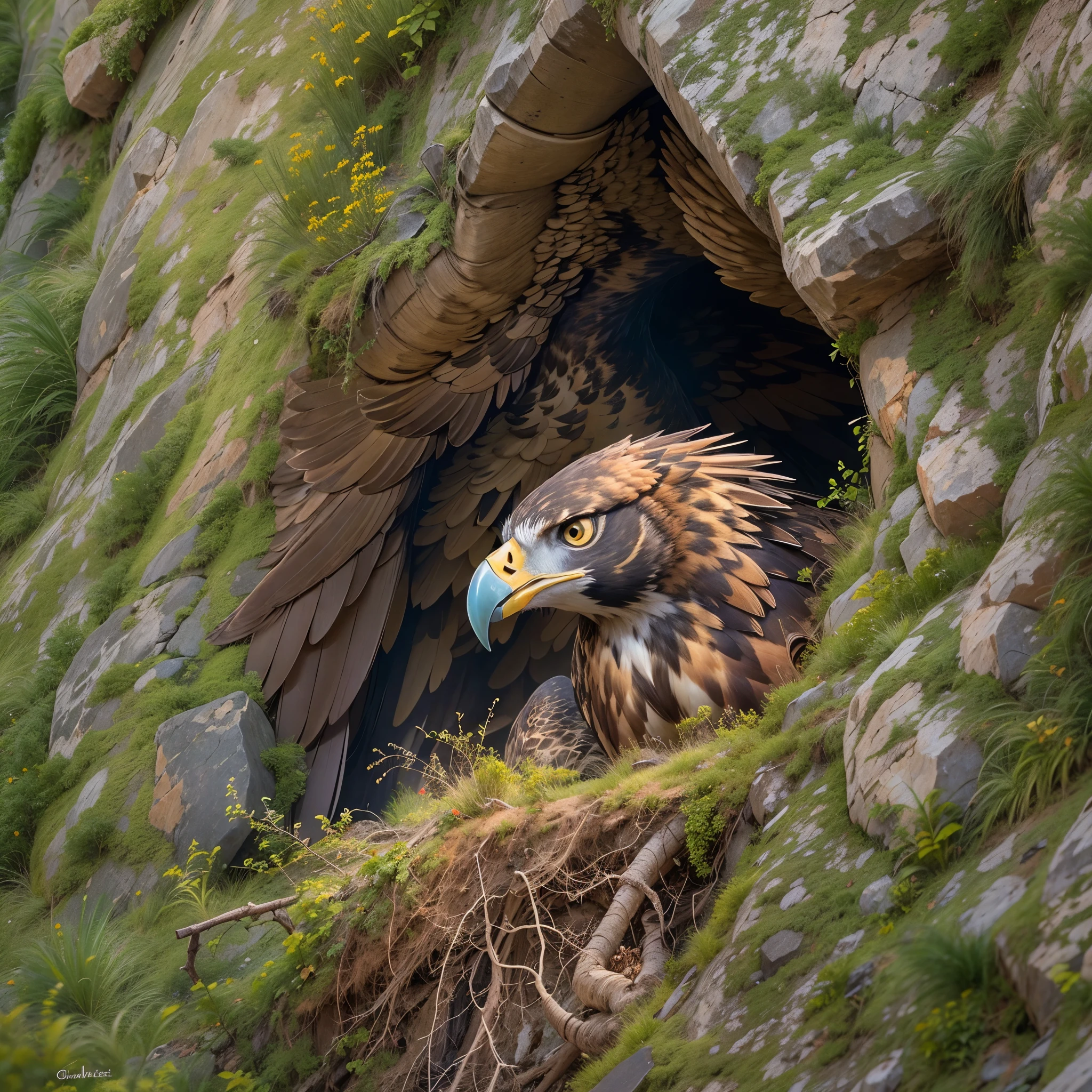 Hay woven nests located on steep cliff faces, Golden eagle cubs in the nest,Adult golden eagle holds meat in its mouth,Ultra-detailed,lifelike:1.37,Bright colors,soft light