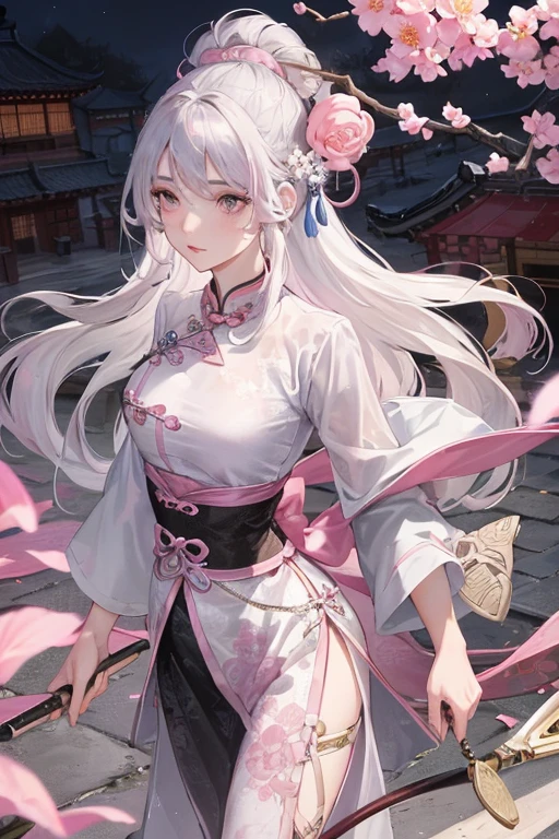 pink panty, Masterpiece, Best Quality, Night, Full Moon, 1 Girl, Mature Woman, Chinese Style, Ancient China, Sister, Royal Sister, Cold expression, expressionless face, Silver white long haired woman, Light pink lips, Calm, Intellectual, Three belts, Gray pupils, Assassin, Short knife, Flower ball background, Strolling in the street scenery