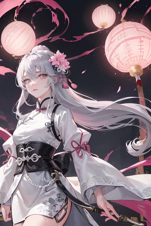 pink panty, Masterpiece, Best Quality, Night, Full Moon, 1 Girl, Mature Woman, Chinese Style, Ancient China, Sister, Royal Sister, Cold expression, expressionless face, Silver white long haired woman, Light pink lips, Calm, Intellectual, Three belts, Gray pupils, Assassin, Short knife, Flower ball background, Strolling in the street scenery