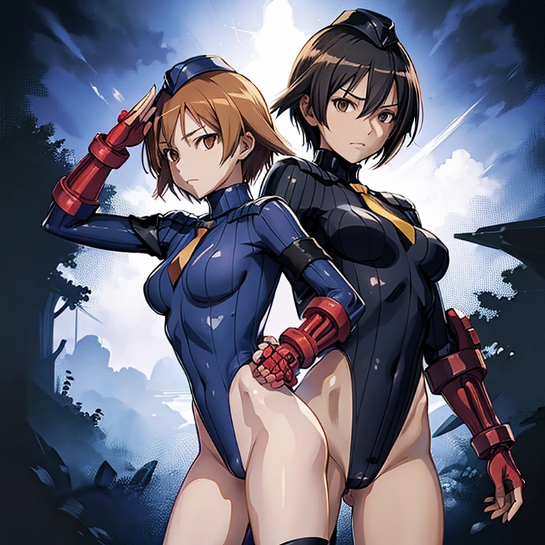 ultra-detailed, Explicit, Beautiful body, Beautiful Nose, Beautiful character design, perfect eyes, perfect face, ultra highres, 4K, beautiful legs, perfect legs, Nice hands, Perfect hand, Masterpiece, Best Quality, Highly detailed, illustration, absurdres, perfect anatomy, street fighter, doll suit, shadaloo doll, dollsuit, expressionless, blank eyes, looking at viewer, red gloves, emotionless, black latex, corrution, mind control, female combatant, full body, hypnotized, unhappy trance, full body suit, ribbed bodysuit, both arms at side, obey, perfect female body, extremely glossy latex, hypnosis, hypnoLora, empty eyes, Mind control device, poses, submissive_pose, Slave, hat, necktie, stand up straight, standing, standing at attention, hat, necktie, belt, latex, ribbed bodysuit, thighhighs, garter belt, Fighting Stance, extending the right arm from the shoulder into the air with a straightened hand, military, thigh boots, 1girl, Solo, brown hair, short hair, brown eyes, Yoshika Miyafuji, Strike Witches, evil smile, evil grin, evil expression