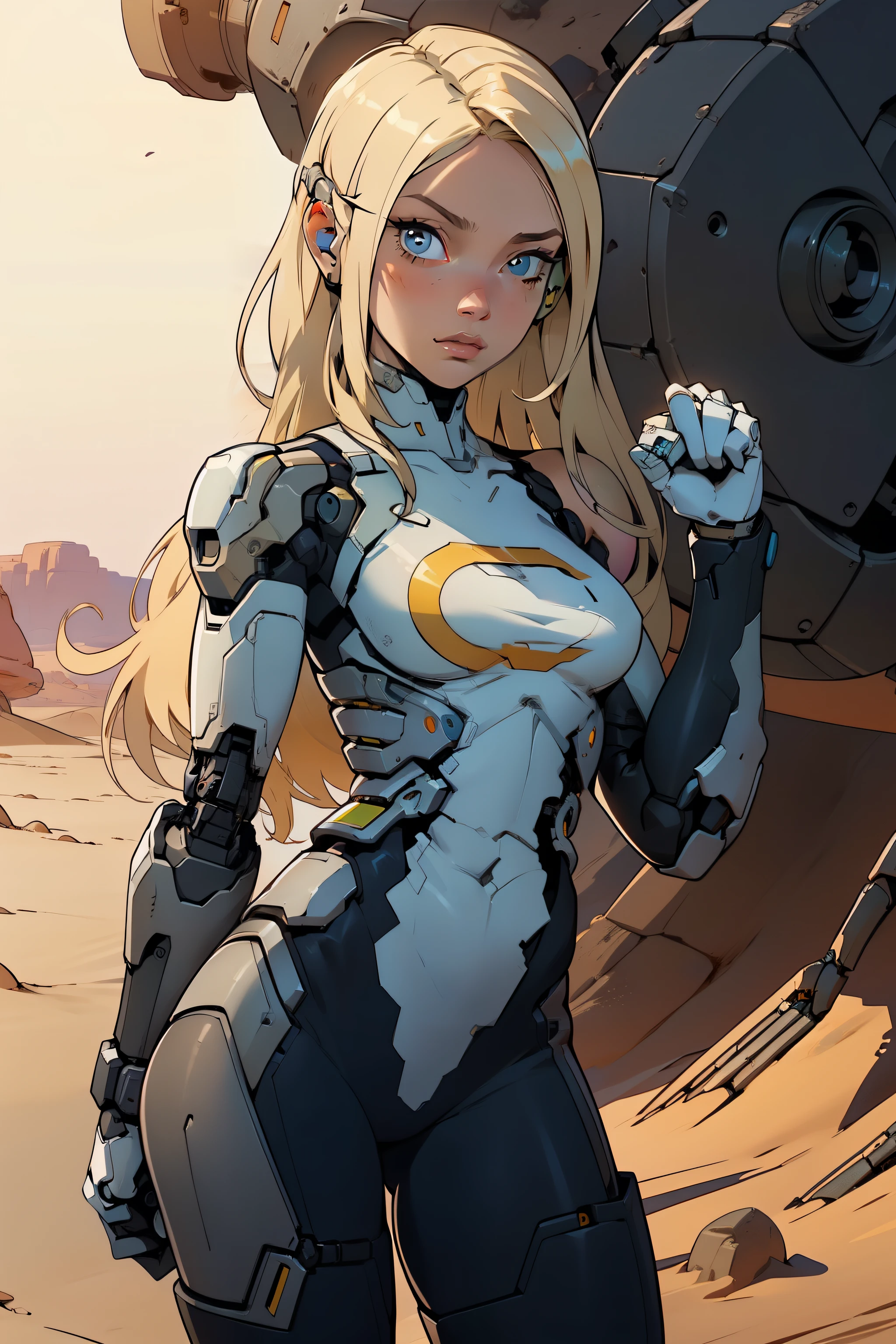 high quality, 4k, masterpiece, beautiful, cyborg girl, cowboy shot, dull eyes, looking at viewer, long blonde hair, girl, small breasts, fit thigh, robotic arms, robotic body, cyborg body, yellow accent, intricate detail, joint, detailed lines, robotic detail, holding fist up, holding hand up as fist, color robotic parts, robotic parts with color, perfect fingers, on a desert planet, sunny background, colorful desert,