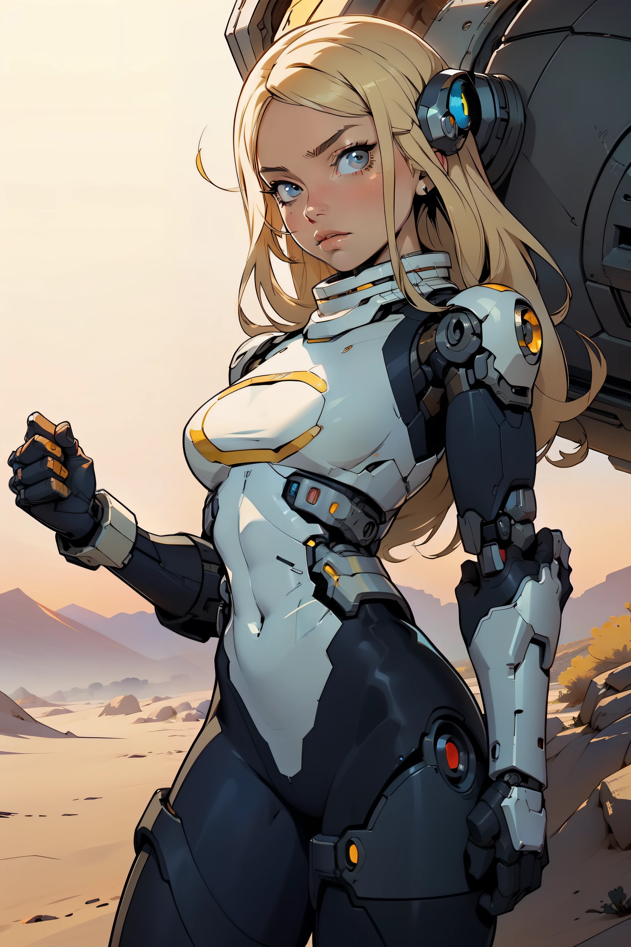 high quality, 4k, masterpiece, beautiful, cyborg girl, cowboy shot, dull eyes, looking at viewer, long blonde hair, girl, small breasts, fit thigh, robotic arms, robotic body, cyborg body, yellow accent, intricate detail, joint, detailed lines, robotic detail, holding fist up, holding hand up as fist, color robotic parts, robotic parts with color, perfect fingers, on a desert planet, sunny background, colorful desert,