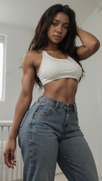 Young black girl, Wearing a small white tank top with a large neckline and jeans, Sentada em um banco, ebony skin, corpo fitness, bela garota,  Slim body, tall girl , sfw Gigantic curly hair, face delicada,  long hair, ebano skin, ajoelhada, muscle body definition, Big ass, Large and muscular thighs, ebony skin,