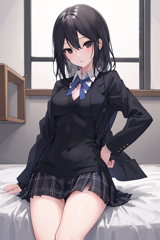 High resolution, sharp focus, whole bodyビュー、legs are open、pixiv masterpiece, ((intricate details)), very detailed, whole body, sexy pose、Inaba_Himeko, 1 girl, black hair, black sweater, (black eye:1.3), school uniform, sweater, dress shirt, Jacket, blazer, blue ribbon, shirt, plaid mini skirt, 