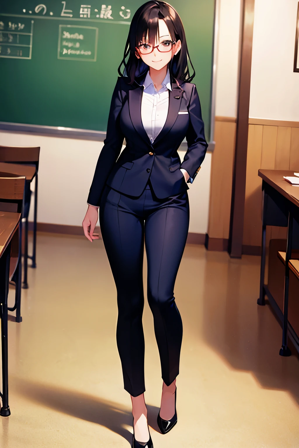 black hair、teacher　red glasses　black jacket　white t-shirt　black three-quarter length pants suit　black high heels、big breasts、smile、Are standing、classroom　blackboard　machine