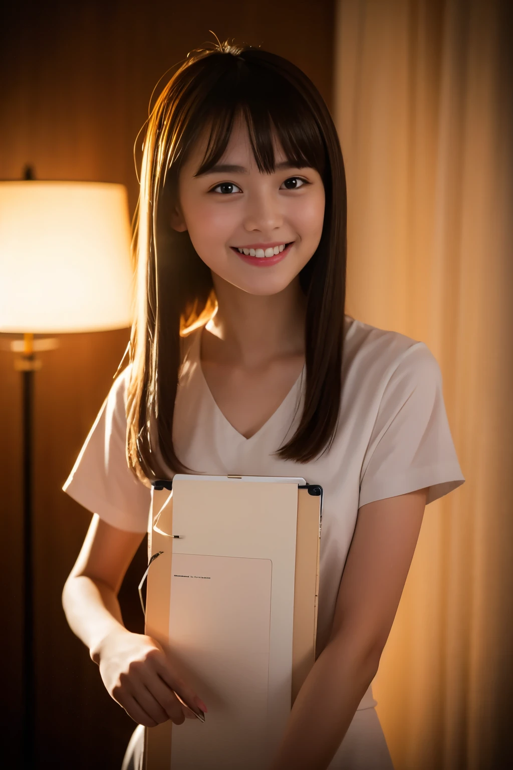 1 slender girl, bangs, holding clipboard, smiling, with staff, cinematic lighting, (8k, masterpiece, top quality, raw photo), action